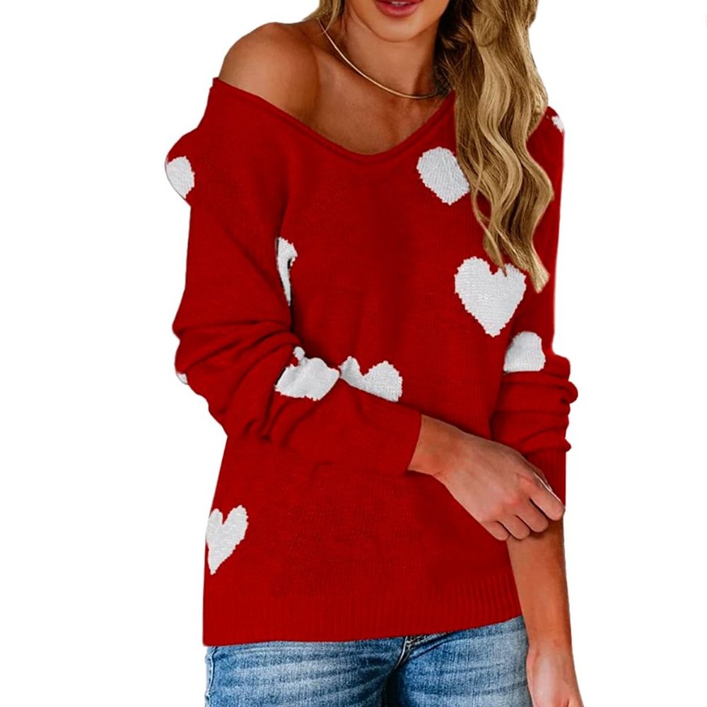 Off Shoulder/V-Neck Heart Sweater | M/XL
